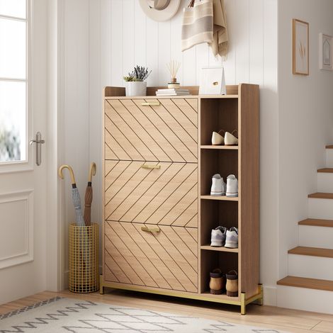 Meuble à chaussures nordique avec 3 abattants, finition chêne, 4 étagères ouvertes latérales, design ultra fin, rangement entrée, 90x24x119 cm