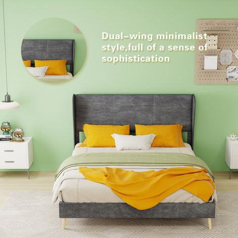 Lit double capitonné - Moderne - 140x200 cm - Gris - Tête de lit douce - Base profil bas (1/5)