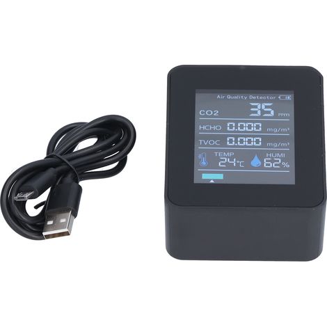 Moniteur de qualité de l'air avec affichage couleur intelligent en temps réel et système d'alarme clair. Détecteur de formaldéhyde portable pour bureau et maison (noir). (1/5)