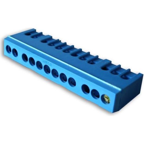 Bornier Neutre - 12 Connexions - Montage sur Rail DIN - Section Câble Max 16 mm² - Bleu - 1 Pièce (1/2)