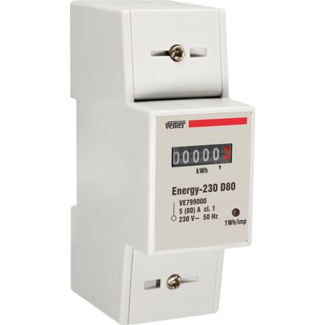 Contatore Energia Elettrica Monofase da Barra DIN 2 Moduli Misuratore Consumo Elettrico Corrente Massima Misurabile 80A Vemer VE799000