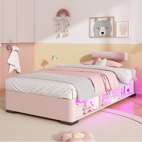 Letto imbottito per bambini 90x200 cm in velluto rosa con illuminazione a LED, testiera regolabile su 3 lati, vano contenitore a giorno e ripiano laterale (1/5)