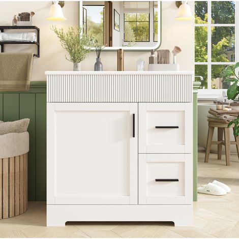 Waschtischunterschrank mit Keramikbecken MDF Weiß OKMYHOME (1/5)