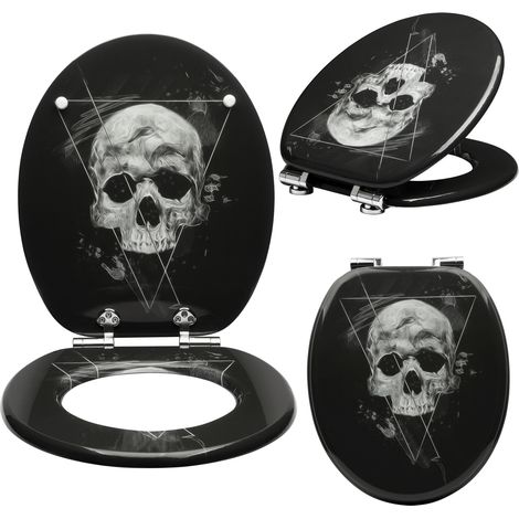 WOLTU Abattant de toilette en MDF avec charnière, Couvercle de WC, fixation rapide, antibactérienne, 43, 6x37, 8cm, Crâne Noir