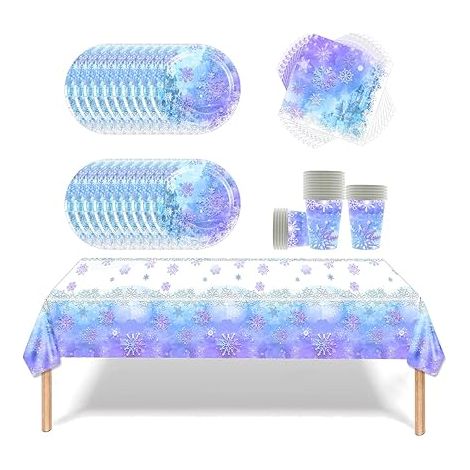 Vaisselle de fête,Set de Vaisselle flocon de neige bleu et violet,serviettes de table gobelets en papier assiettes en nappe,pour enfants et adultes (1/5)