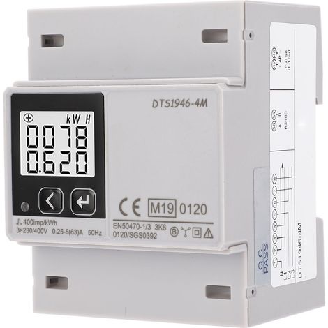 Compteur de puissance triphasé 230/400V avec écran LCD, montage sur rail DIN, boîtier ABS, mesure du facteur de puissance et surveillance de consommation électrique. (1/5)