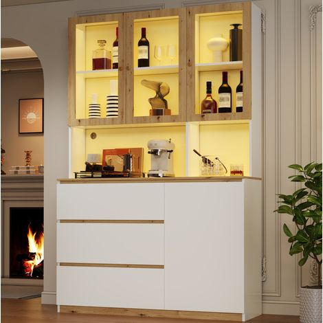 Mobile vetrina LED 120 x 200 cm, con piano esteso, MDF bianco e rovere HAVRYA (1/5)