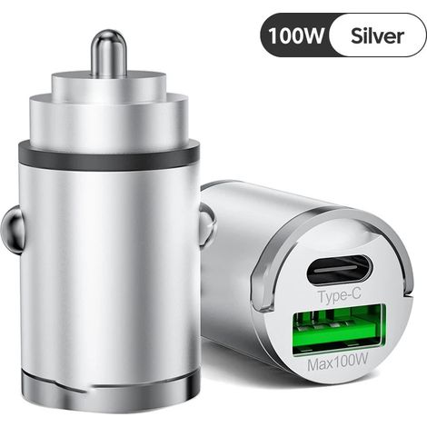 Chargeur de voiture USB Type C QC3.0 PD Mini 100 W pour charge rapide de téléphones en voiture. Adaptateur compatible iPhone, Samsung, Huawei et Xiaomi. (1/5)