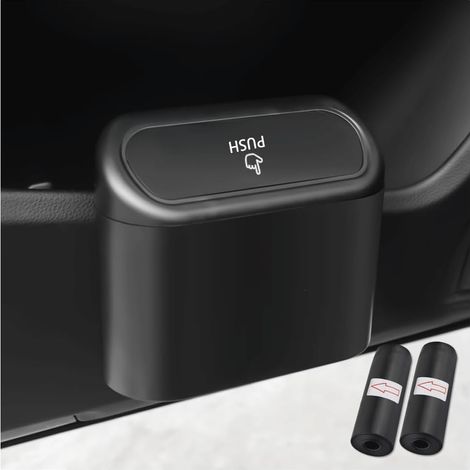 Poubelle de Voiture Universelle + 2PCS Sac, Rangement Intérieur Avec Couvercle, Accessoire Auto (Noir) (1/5)