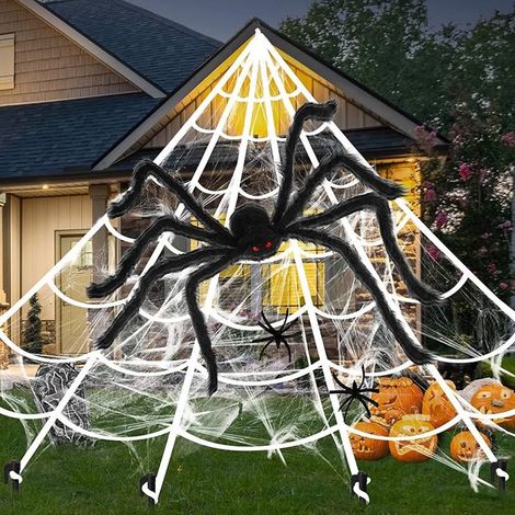 Riesiges Spinnennetz, Halloween-Dekoration für den Außenbereich, 7 x 5,5 m, mit 200 cm großer Spinne, Halloween-Dekoration für drinnen und draußen