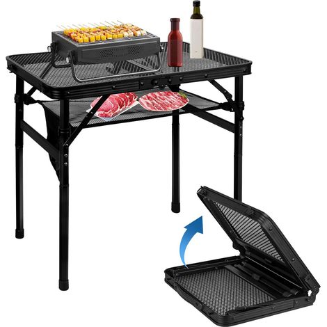 Table de gril pliante, réglable en hauteur, bureau et sac en maille, portable pour camping, pique-nique, terrasse, salle à manger, barbecue, fête, noir, 60 x 40 cm (1/5)