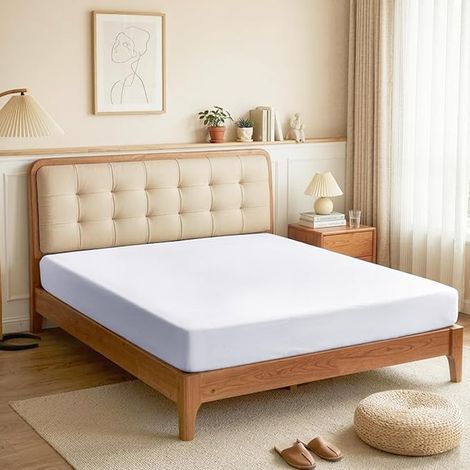 Drap Housse, 100 x 200 cm 100% Coton Fils/cm² Drap Housse Doux et Respirant, Blanc (1/4)