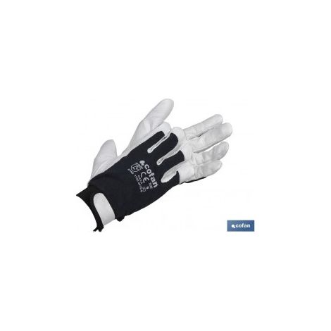 Pack mit 12 Rindslederhandschuhen mit Stoffrücken und Klettverschluss T-10