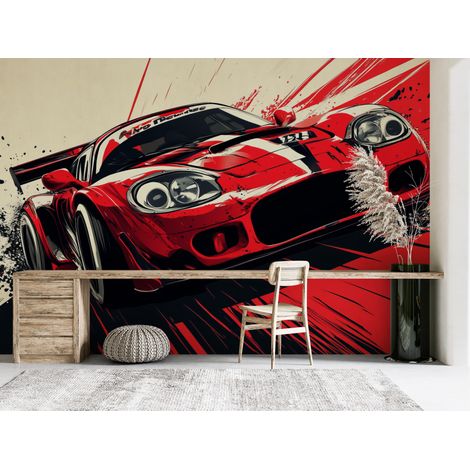 Papier peint voitures - bolide de course rouge et blanc sur piste - 150 x 250 cm (1/2)