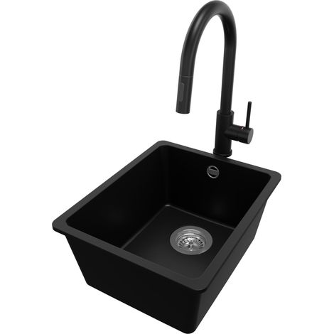 PRIMAGRAN Evier Cuisine en Granit 36x44cm, Lavabo 1 bac + Robinet 40x20cm + Kit de Vidage, Évier à Encastrer au meuble 40cm - Venise Slim Easy, Noir (1/5)