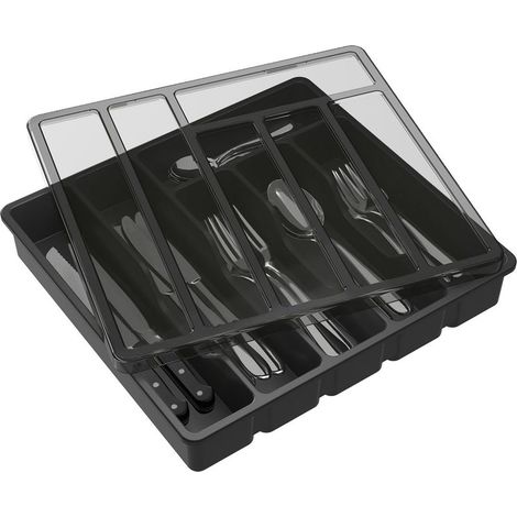 Plateau à couverts avec couvercle pour tiroir, organisateur couverts plastique, 6 compartiments, noir. (1/5)