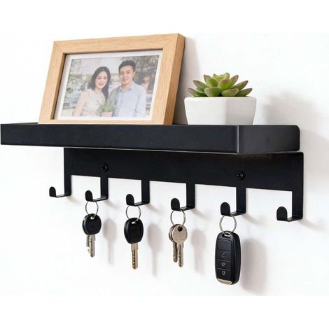 Porte Clef Mural avec Étagère et 6 Crochets, Porte Clé Mural pour Rangement Maison, Vide Poche Entrée Design Moderne, Organisateur Mural pour Courrier, Clés et Décoration Salon (Noir) (1/5)