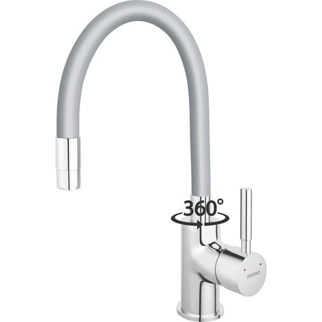 Robinet mitigeur de cuisine flexible gris – Bec articulé et rotatif – Finition chrome brillant – Hauteur réglable 28 à 44 cm – Ferro (1/6)
