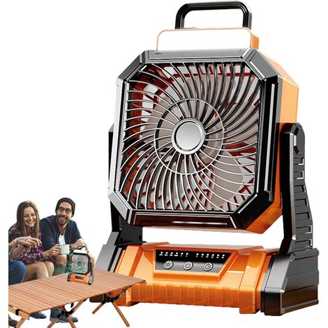 Ventilador portátil para camping, 4 velocidades, con linterna, batería de 5400 mAh, para uso en interiores, patio, tienda de campaña, playa, viajes, garaje, dormitorio, color naranja. (1/5)