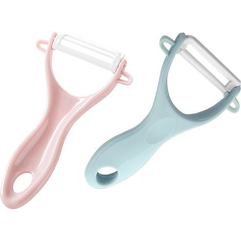 BEBUSINGOTO Obstschäler, Keramikschäler, Keramikklingenschäler für Obst, Kartoffeln und Gemüse, 2er-Set – Rosa/Blau