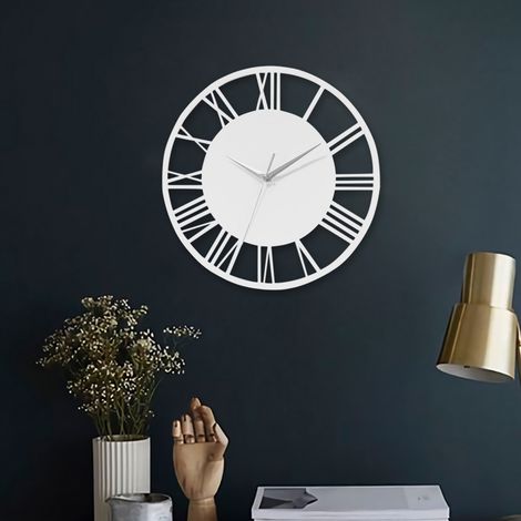 30CM Large Elegant Roman Numerals Open Round Wall Clock, White and  Silver