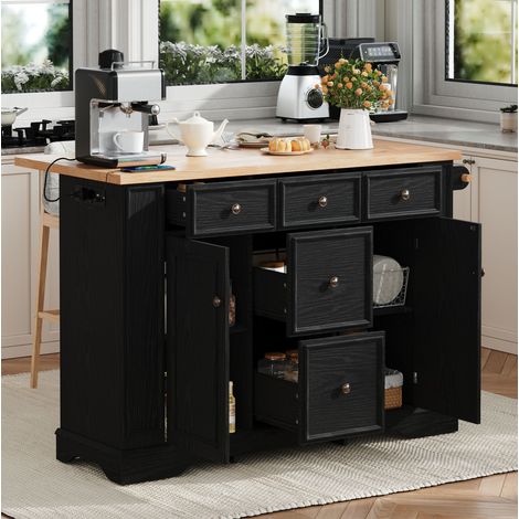 Îlot de cuisine 130,5/40-65/92 cm noir avec plateau rabattable, rangements et prises USB (1/5)