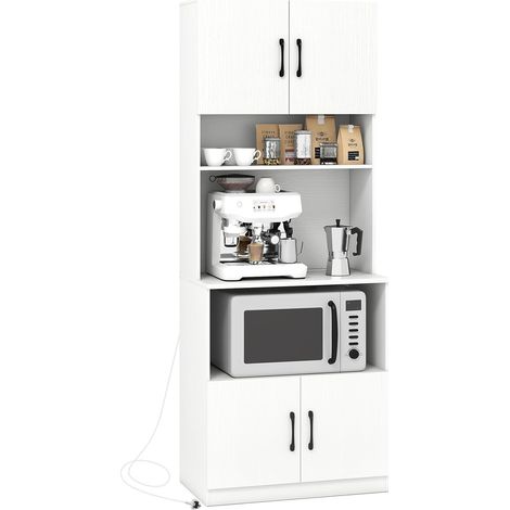 Goplus – Buffet haut de cuisine blanc avec station de recharge – 2 placards fermés – 3 étagères ouvertes réglables – Dimensions 64,5 x 38 x 168 cm (1/5)