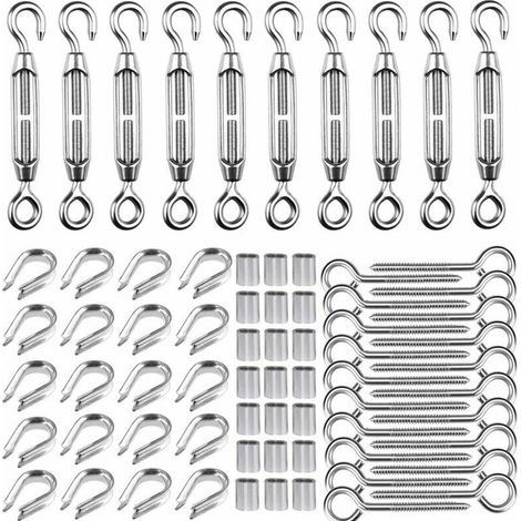 M5-Spannschloss-Set für 1/16"-Drahtseil, Spannschloss-Set aus Edelstahl 304, M5-Spannschlosshaken und -Öse, M2-Kabelschuhe, M5-Haken, Schrauben und Ösen, M2-Kabelhülsen