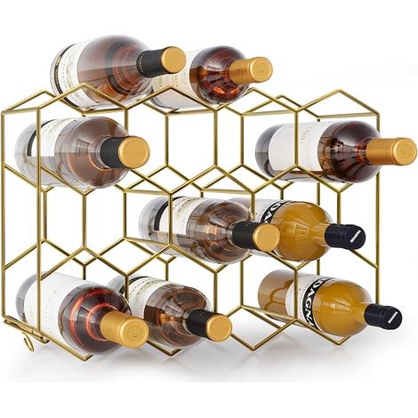 Weinregal aus goldenem Metall, Flaschenhalter für 14 Flaschen und 2 Weingläser, kleines Flaschenregal 43 x 13,6 x 31 cm, Flaschenhalter für Küche, Bar, Weinkeller (1/5)