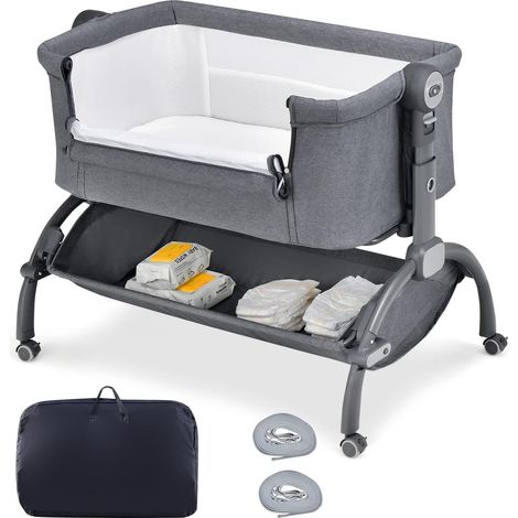 COSTWAY 3 in 1 Beistellbett & Babywiege & Stubenwagen, Reisebett Baby mit Matratze, Tragetasche, Aufbewahrungskorb 7 Fach höhenverstellbar, Babybett neigbar für Neugeborene bis 9 kg Belastbar (Grau)