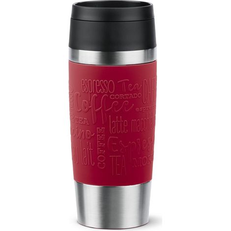 Tasse de voyage classique rouge 0,36 l avec couvercle à vis confortable, presse rapide, manchon doux au toucher, prête pour le voyage, réutilisable, 100% étanche, garde les boissons (1/2)