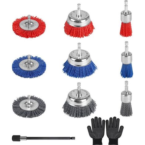 Lot de 9 Brosses Abrasives de Nylon, 75mm Brosse Circulaire et Brosse pour Gobelet, 25mm Bross avec 150mm Tige d'Extension Hexagonale, Brosse Perceuse pour Enlever Rouille Corrosion Peinture (1/5)