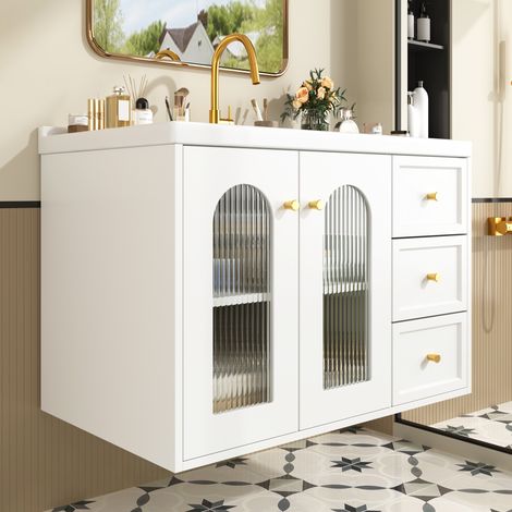 Mobile bagno con lavabo 80 cm, pensile, MDF bianco, 2 cassetti, anta in vetro satinato HAVRYA (1/5)