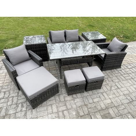 Fimous 7 Seater PE Wicker Outdoor Garden Furniture Set Patio Furniture Rattan Rectangular Dining Table Lounge Sofa with 3 Footstools 2 Side Tables (1/5)