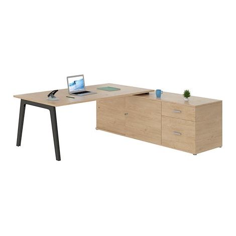 Bureau manager chêne clair avec console à droite - piètement anthracite - Maxiburo (1/4)