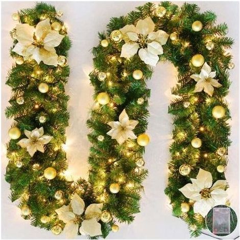 Guirlande Noël avec lumières LED, 2,7 m Couronne de Noël artifice en rotin et Suspendre pour porte d'entrée, cheminée, escaliers, décoration en Noël (doré) (1/4)