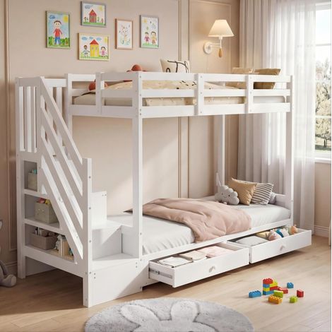 Cama infantil alta 90x200 cm blanca en madera maciza y MDF con sofá ajustable y almacenaje (1/5)
