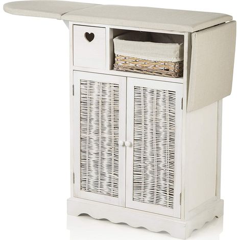Baroni Home Mobile da Stiro Shabby Chic Bianco con ASSE e 1 Cesto in Vimini e 2 Ante 66X37X87 cm 2 Ante 1 cesta Vimini (1/5)