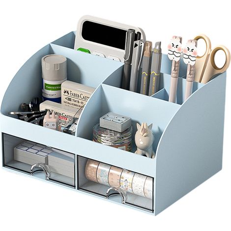 Schreibtisch Organizer - Büro-Organizer mit 6 Fächern und 2 kleinen Schubladen, Desk Storage Box für Stiftehalter, Remote-Control und weitere kleine Büroartikel - Blau