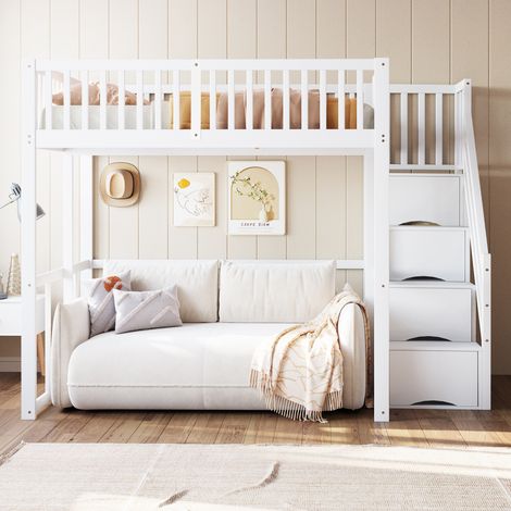 Letto a soppalco 140x200 cm con scaletta di sicurezza per riporre oggetti, sponda di protezione, struttura in legno massello di pino, adatto a bambini, ragazzi e adulti, colore bianco, codice articolo (1/5)