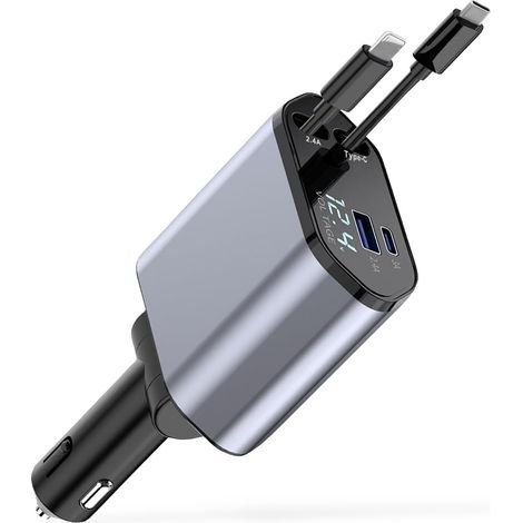 4-in-1-Autoladegerät mit einziehbarem Kabel, 120-W-USB-C-Zigarettenanzünder-Ladegerät mit USB-Autoladegerät, USB-C-Zigarettenanzünderstecker und 90 cm langem Verlängerungskabel, kompatibel mit Smartph (1/5)