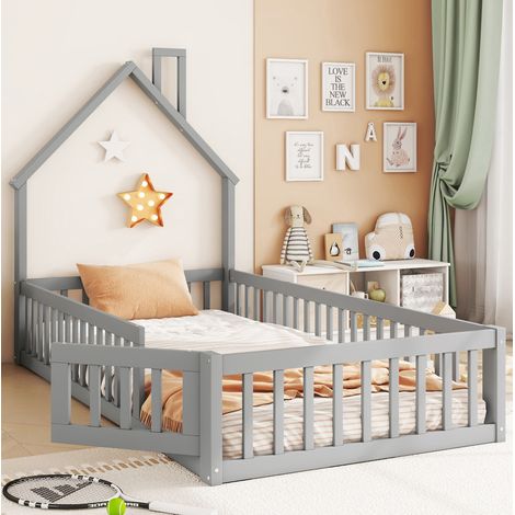 Lit enfant cabane avec cheminée 90x200 cm, en pin et MDF gris, avec sommier à lattes et barrières de sécurité (1/5)