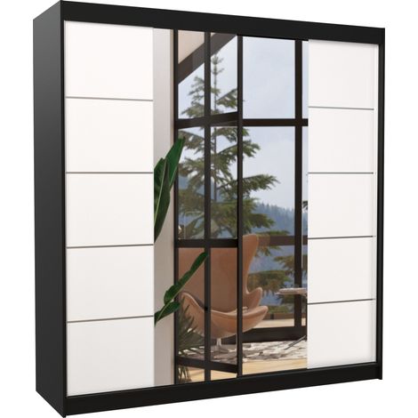 Les Tendances – Armoire chambre adulte 200 cm – 2 portes coulissantes avec miroir – Penderie et étagères réglables – Noir/Blanc (1/5)