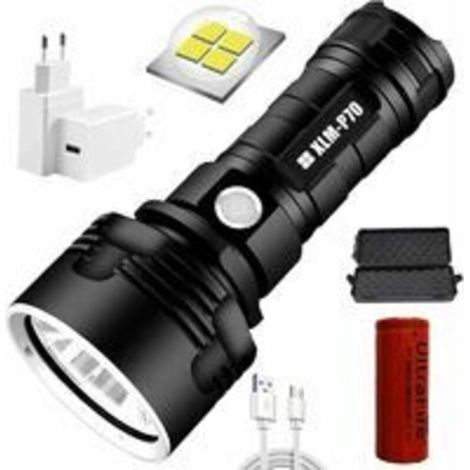 P70 LED-Taschenlampe, leistungsstark, superhell, 30.000–100.000 Lumen, mit Akku, wasserdicht, per USB wiederaufladbar, 3 Modi für Camping, Wandern, Outdoor-Aktivitäten (1/3)