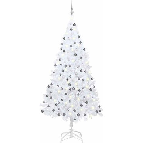Sapin de Noël artificiel pré-illuminé avec boules décoratives blanches, 210 cm, en PVC. (1/5)