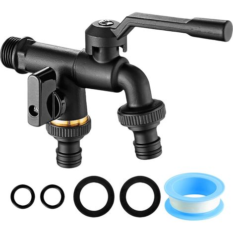 Robinet de jardin 3/4" double en laiton anti-gel, avec 2 sorties de 3/4", 1 bande d'étanchéité à rouleau, pour jardin, citerne d'eau de pluie, extérieur, noir (1/5)