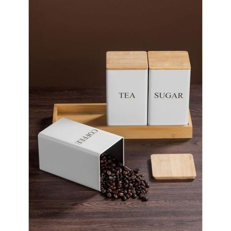 Ensemble de 3 bocaux hermétiques – Café, Thé, Sucre – Couvercle en bambou – Blanc – Femeo (1/5)