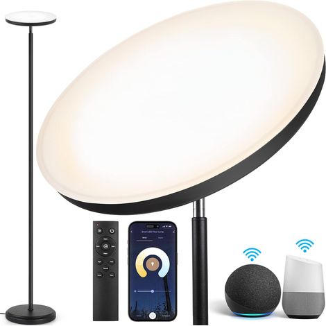 Lampadaire LED, 30W/3000LM WiFi, 3000K-6000K Dimmable, Noir Télécommande, Contrôle APP, Minuterie, Salon, Chambre, Bureau (1/5)