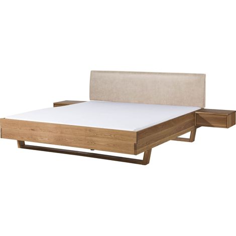 Bett mit Nachttischen Eiche 180x200x85 natur geölt, Kopfteil beige FICHTELBERG 135