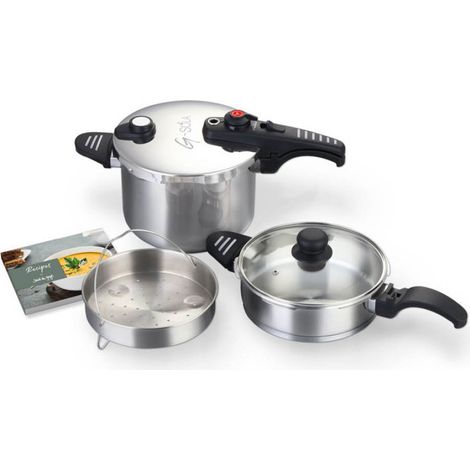 Set de ollas a presión 2,5 L y 6 L G-SOLA – Acero inoxidable 18/10, triple seguridad, rápida y súper rápida, todo tipo de cocinas, recetario (1/5)